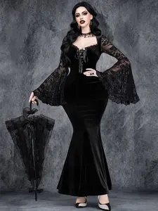 Halloween Gothic Vintage Lace Flounce Flared Sleeve Velvet Tie Waist Elegant Patchwork Long Dress, Fitted Casual Style for All Seasons