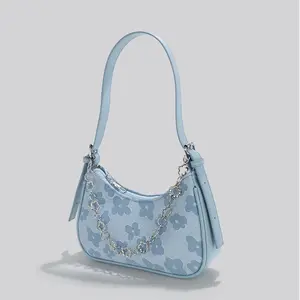 Women's Floral Pattern Shoulder Bag Fashion Chain Decor Handbag Aesthetic Underarm Purse