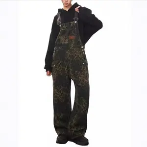 Vintage Leopard Print Cargo Denim Overalls for Women, New Autumn Vintage Straight-Leg Jumpsuit Pants Womenswear Comfort Trouser Sleeveless Dress Tops Clothes Elegant Casual Pieces Soft Gamis Strap Strappy