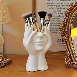 Handmade Human Body Art Makeup Brush Storage Tube, White Lightweight Freestanding Organizer with Expressive Face Design, Durable Plastic Cosmetic Storage Box, for Bathroom or Vanity, Makeup Storage, Decorative Holder