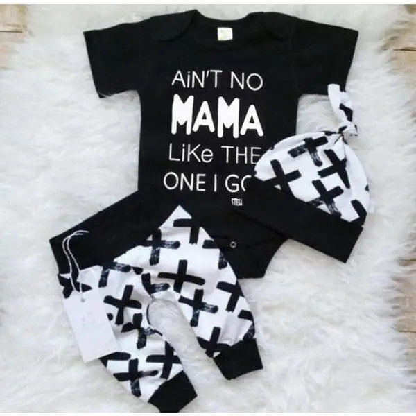 Newborn Baby Boys Girls Clothes Short Sleeve Funny Letter Print Romper + Long Pants + Hat 3 Pcs Sets Summer Outfits