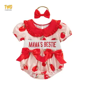 Newborn Baby Girl Romper Strawberry Outfit Mama’s Bestie Short Sleeve Onesie Jumpsuit Smocked Summer Clothes