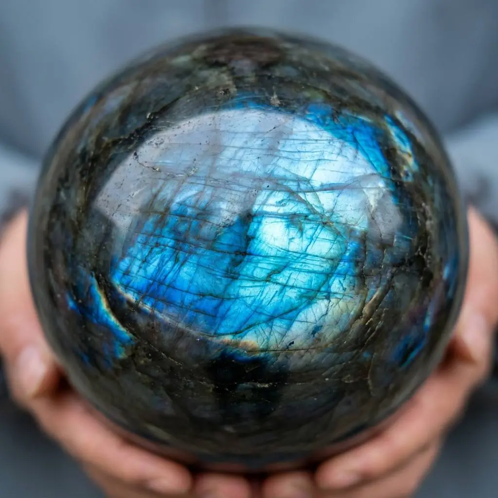 Natural Labradorite Crystal Ball Sphere 2"-2.8" Inch Large Iridescent Aurora Flash Hand-Polished Round Stone Home Office Desk Shelf Living Room Decor Display Figurine Birthday Housewarming Gift Collectors Aesthetic Spectral Stone Decoration