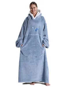 Women's Apple Pattern Drop Shoulder Hooded Flannel Lounge Robe, Casual Long Sleeve Pocket Design Blanket Hoodie, Ladies Sleepwear for Fall & Winter, Cozy Hooded Blanket