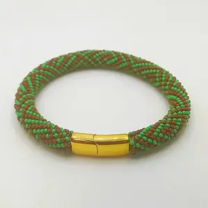 Ilde de Orula Beaded Crochet Bracelet with Stainless Steel Magnetic Closure in Green & Brown Beads