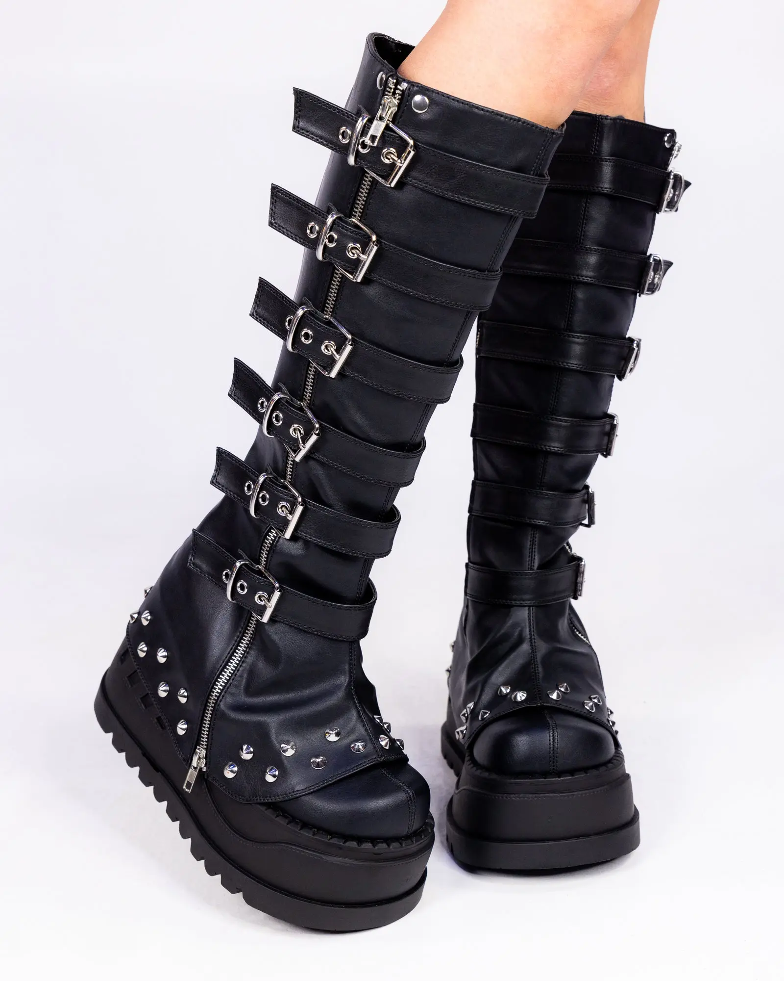 Demonia Buckled Stomp Women's Black Knee High Boots