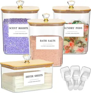 4 Pack Clear Laundry Pods Container & Dryer Sheet Holder Set with Lid, Laundry Containers with Scoops & Labels, Laundry Room Organization and Storage for Laundry Detergent, Pods, , Beads