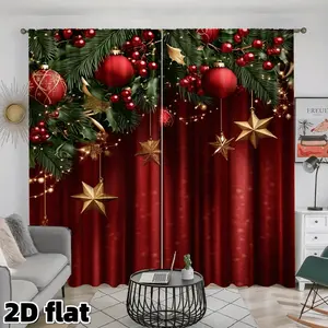 2D Flat 2Pcs Christmas Holiday Festive Curtains Red Gold Star Pine Berries Design Rod Pocket Semi Sunshade Polyester Fabric Suitable for Living Room Bedroom Window Treatment Decorative Panel Home Decoration Curtain