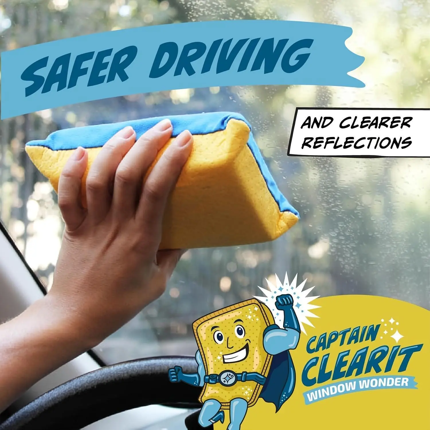 Captain Clear Window Wonder - Super Absorbent Defogging Sponge | Easy to Clean, No Marks, Perfect for Car, Mirror, Glass & More - Indoor & Outdoor Use