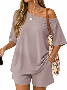 Womens 2 Piece Summer Shorts Set Lounge, Solid Loose Short Sleeve Tee and High Waist Shorts 2PCS Outfits, Lightweight Casual Lounge Wear, Trendy Summer Daily Holiday Matching Set for Ladies