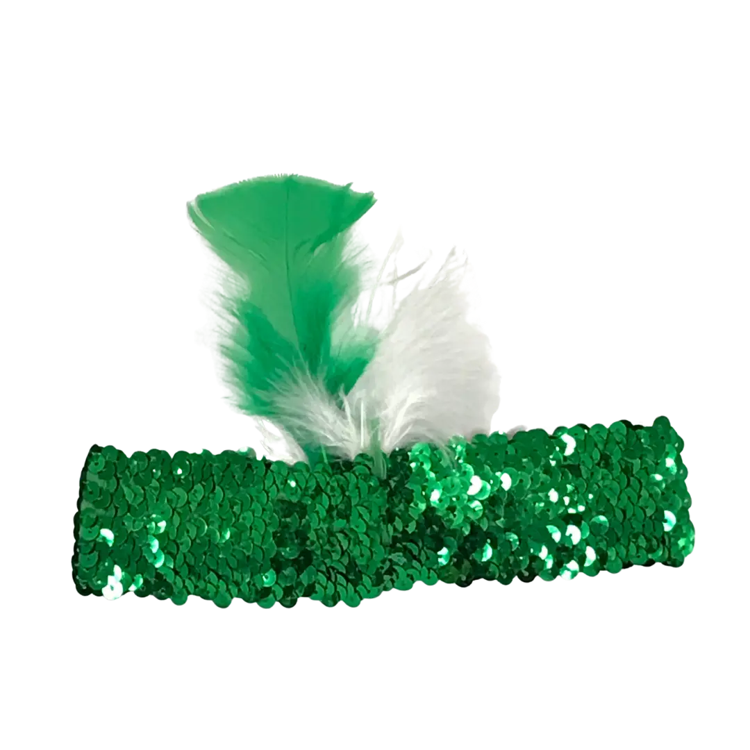 Green Sequin Headband with White and Green Feathers (Each)