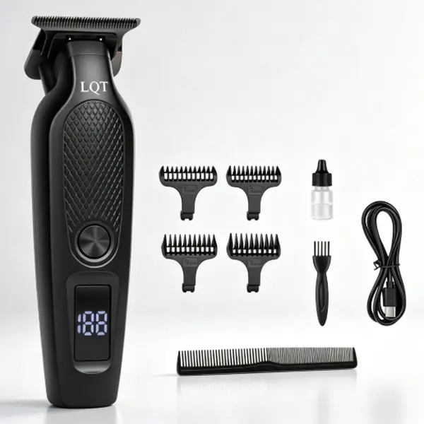 LQT Professional Cordless T-Detail Trimmer Kit, Matte Black Anti-Scratch Shell, Digital LED Power Screen, 0-Gap Close-Cutting Hairline Shaper, Full Accessories (Guide Combs, Hair Oil, Steel Comb) for Barbers & Daily Personal Use