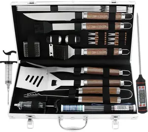 24PCS BBQ Grill Tools Set with Meat Thermometer and Injector - Extra Thick Stainless Steel Fork, Spatula& Tongs - Complete BBQ Accessories in Aluminum Case - Perfect Grill Gifts for Men Indoor Knife Lightweight Portable Skewer Stylish Utensils