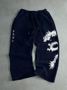 New Casual Sport Pants with Dragon Print, Loose Drawstring Straight Leg, Unisex Lightweight Multi-Purpose Bottoms for All Seasons