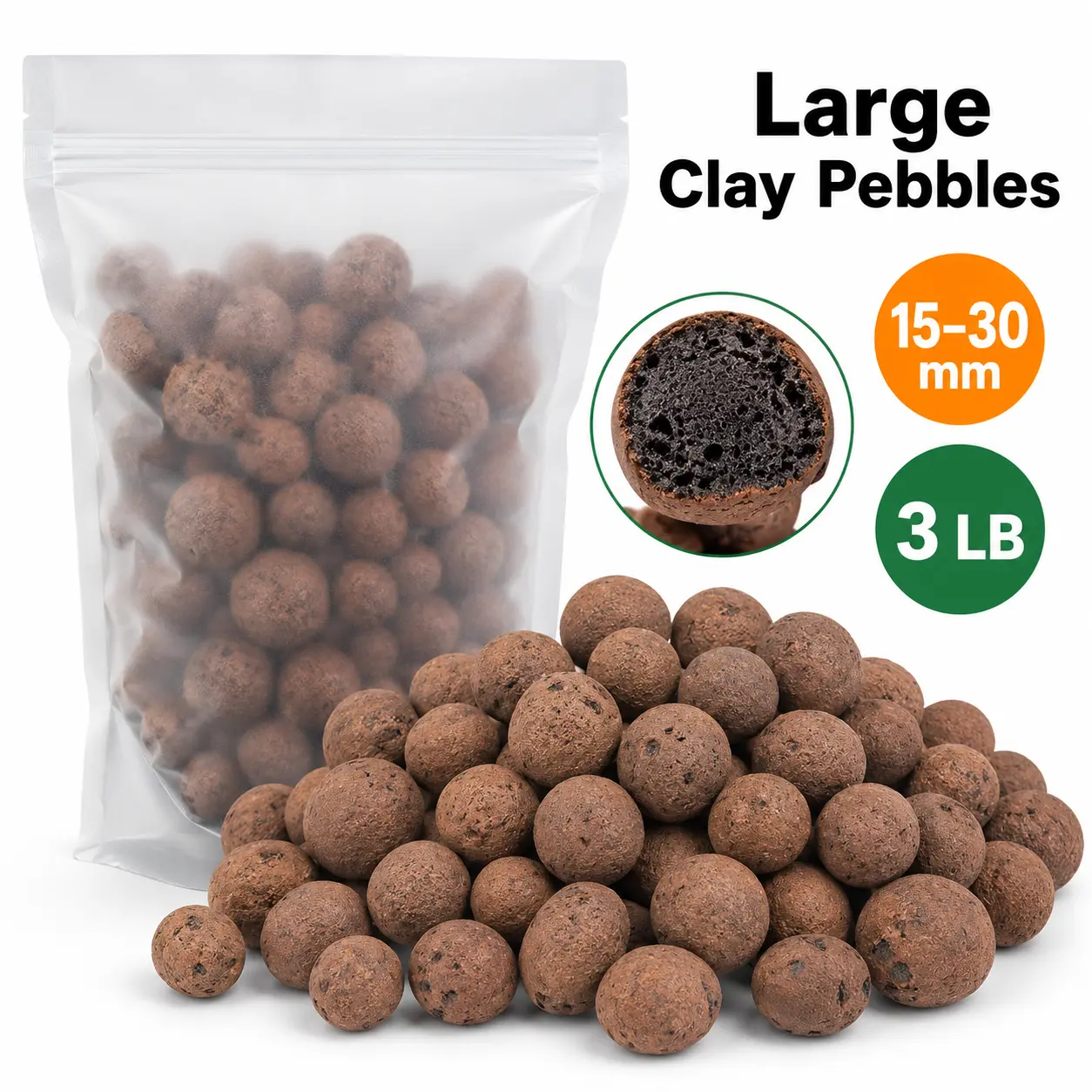 3 lb Expanded Clay Pebbles (15-30mm) - Hydroponic Growing Medium for Hydroponic Growing System, Drainage Rocks, Topdressing Material Soils, Mulches & Planting Media, Both Indoor/Outdoor Plant Support