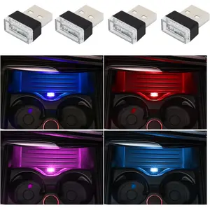 4 USB LED Car Interior Atmosphere Lamp, Portable Mini LED Night Light, Plug-in USB Interface Trunk Ambient Lighting Kit, Vehicle Interior Accessories (Pink+Blue+Red+Ice Blue)