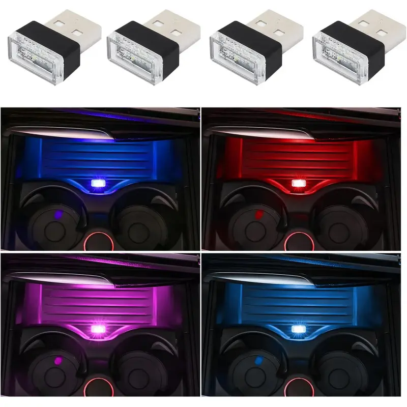 4-USB LED Car Interior Atmosphere Lamp - Lightweight Plastic Compact Plug-and-Play Trunk Ambient Lighting Kit, Portable Mini Durable Night Light for Night Driving, Vehicle Decoration Accessory for Family (Pink+Blue+Red+Ice Blue)