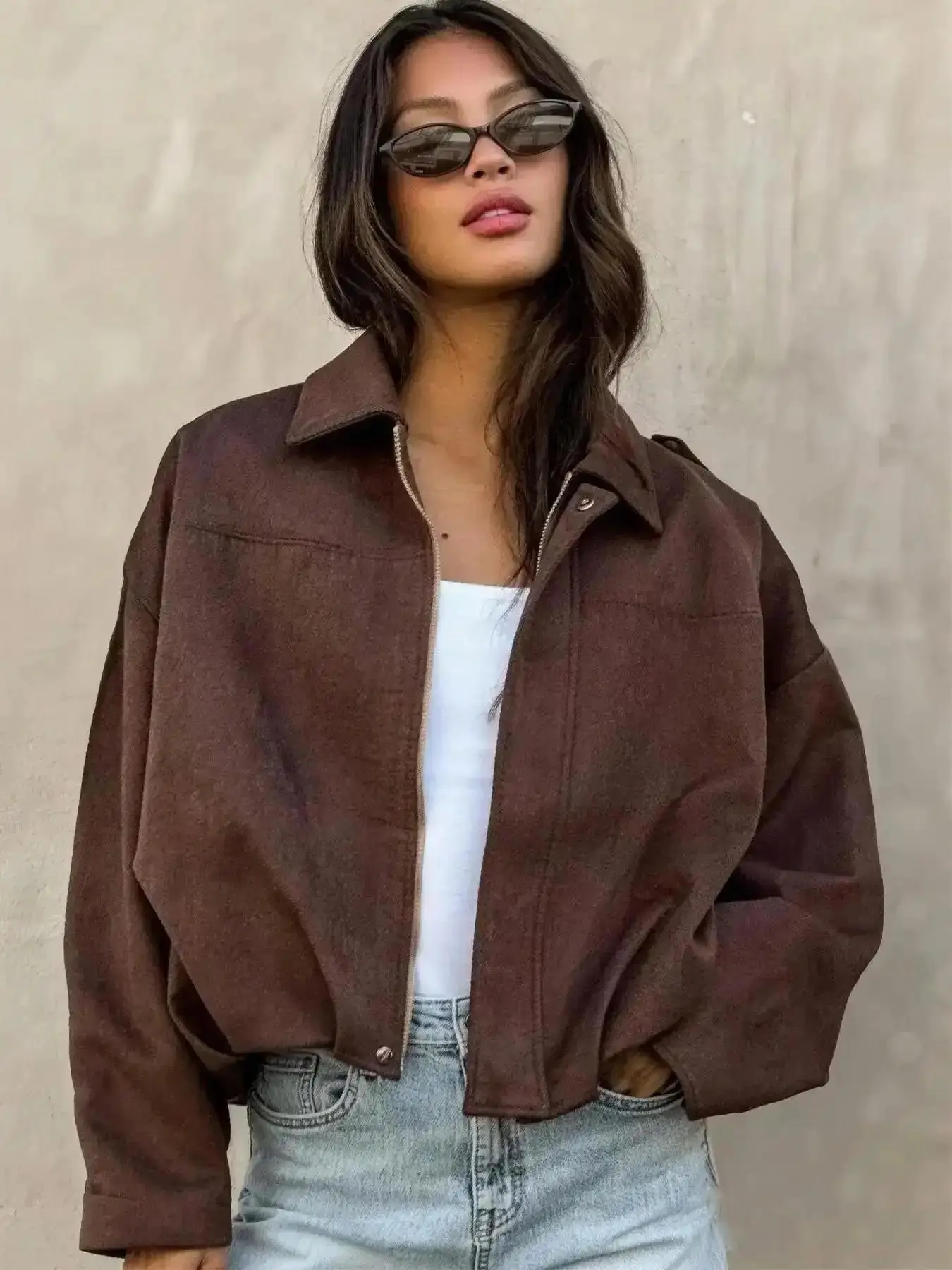 Women's Cropped Suede Casual Loose Fitting Jacket Demi-Season Bomber Female Outerwears Streetwear Long Sleeve Oversized Black Woman Fashion Zip Up Short Coat Lady Womenswear, Outerwear, Versatile, Comfort