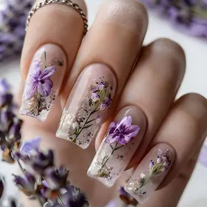 24pcs Lavender Dried Flower Square False Nails, Transparent Gold Foil Nail Art Stickers, Medium Length Glossy Finish