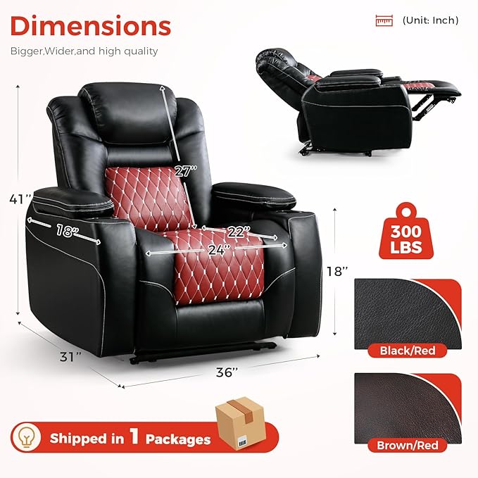 Electric Power Recliner Chair | Adjustable Headrest + USB Ports + Cup Holders + Hidden Storage (Black/Red)