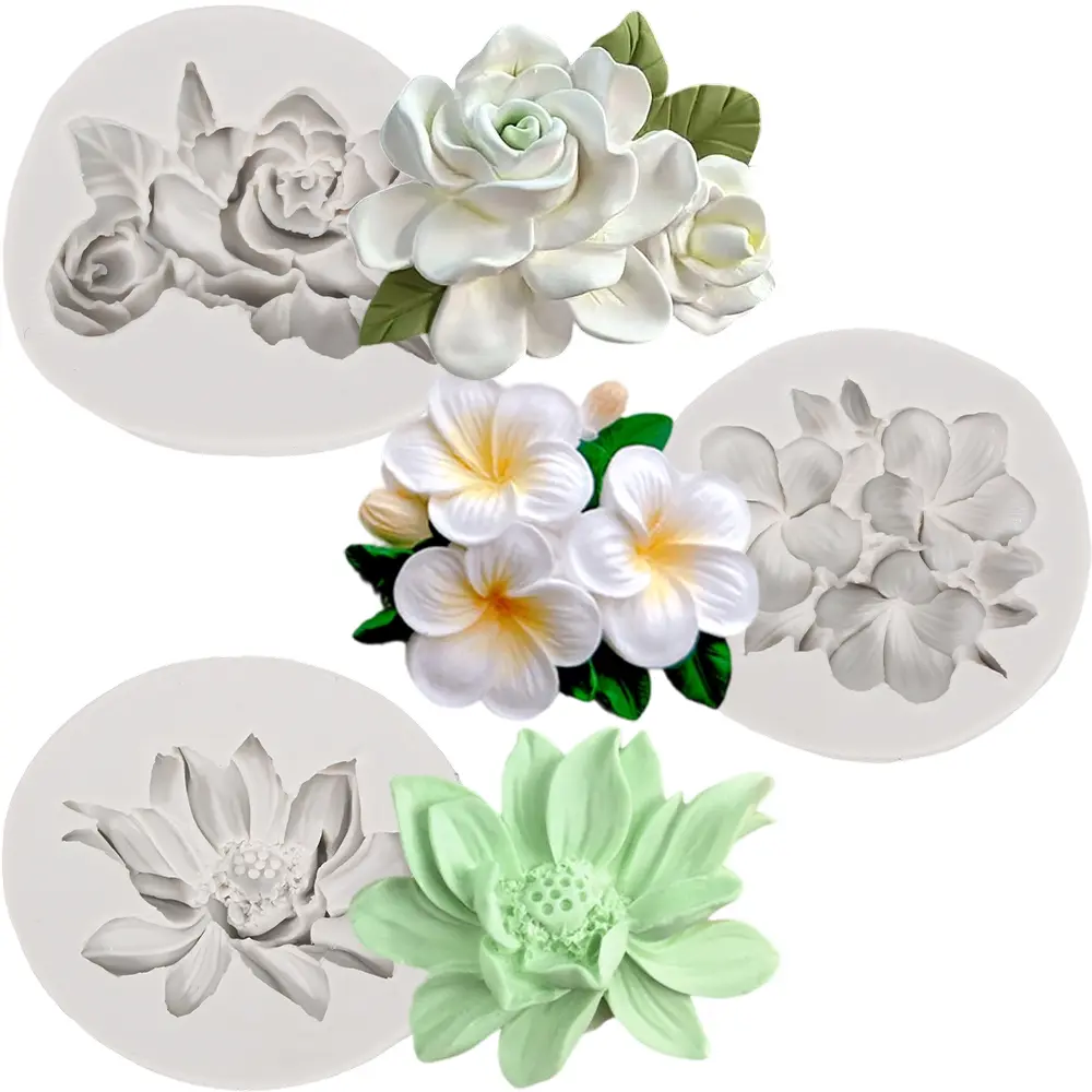 3Pcs Food-Grade Floral Silicone Molds - Hibiscus, Plumeria, Rose Designs for Sugarcraft, Cupcake Toppers, Gum, Wax, Muffin, Syrup, Easy Demold Crafting | Home Improvement Supplies