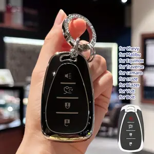 TPU Key Fob Case Cover with Keychain Lanyard Compatible with Chevrolet Chevy Malibu, Traverse, Cruze, Blazer, Volt, Bolt - 4 Button Remote Shell Protector