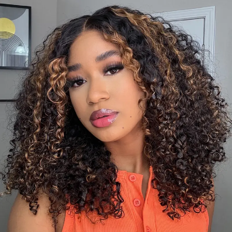 Midulla Balayage Highlight Kinky Curly Glueless Wigs Human Hair Wear and Go Pre Cut 7x5 Lace Closure Wigs Pre Bleached Ombre Brown Lace Front Wig Springtock
