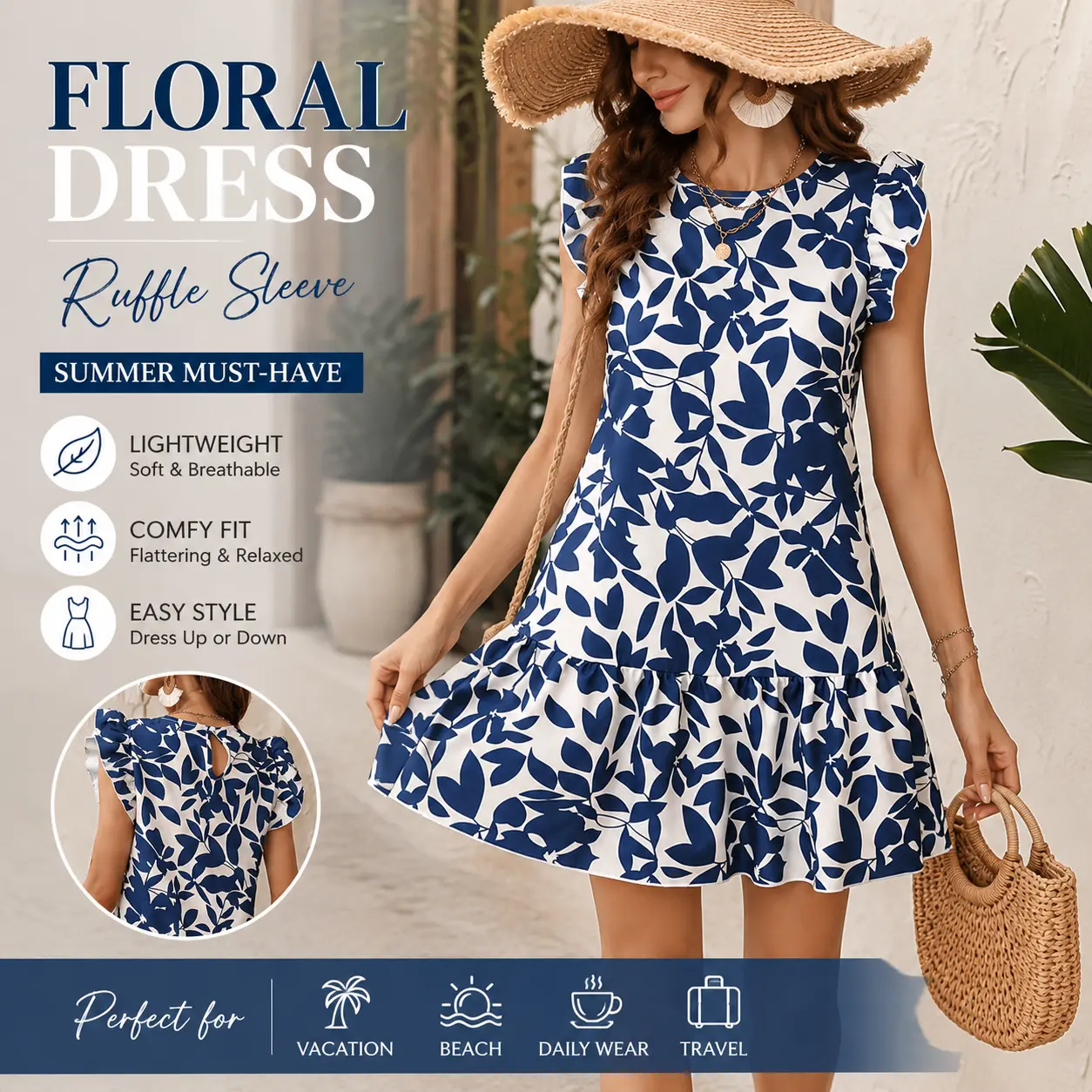Women's 100% Polyester Boho Casual Summer Shift Mini Dress - Breathable, Leaf Print, Ruffle Sleeve, Round Neck LXX