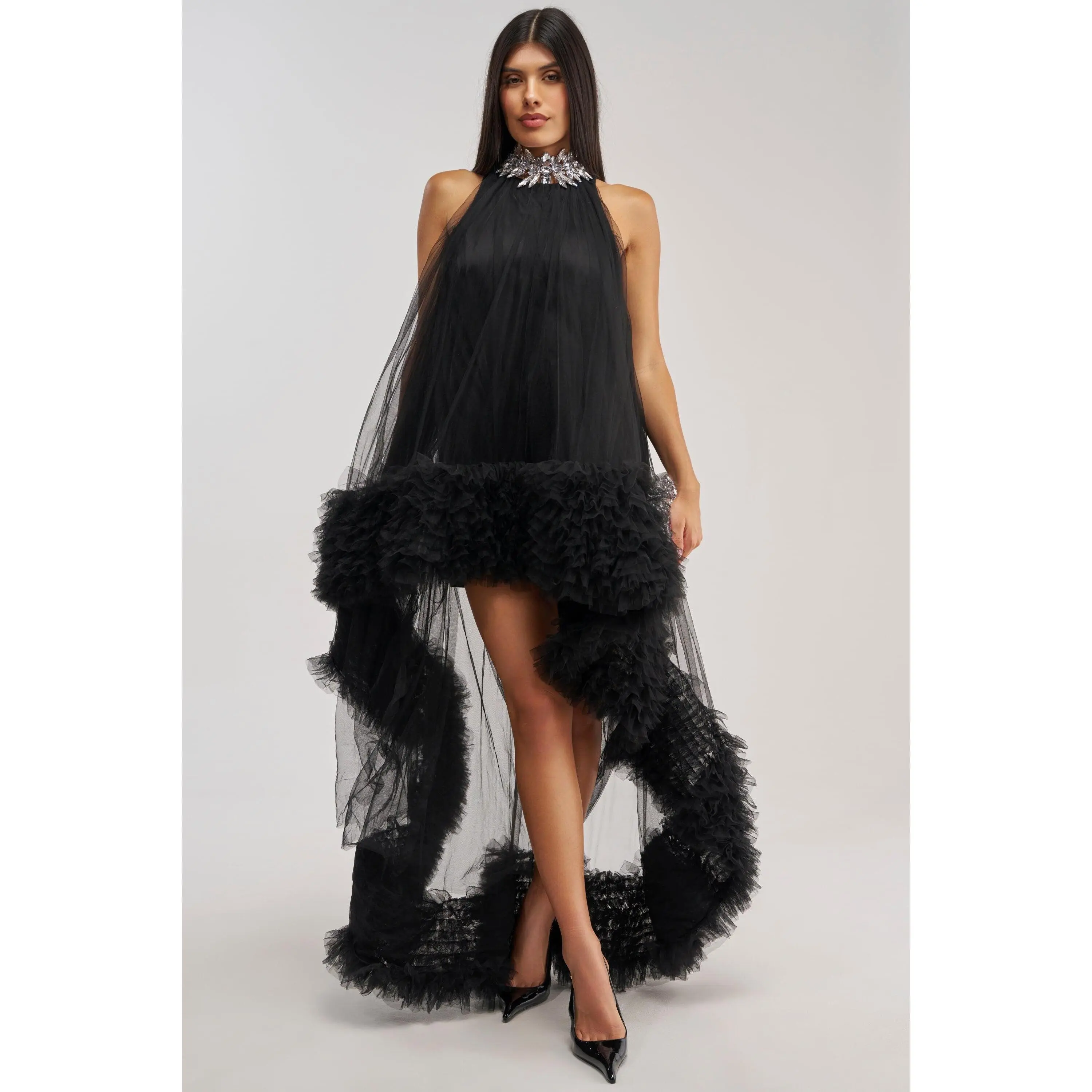 ARI TULLE RUFFLE HIGH LOW DRESS IN BLACK