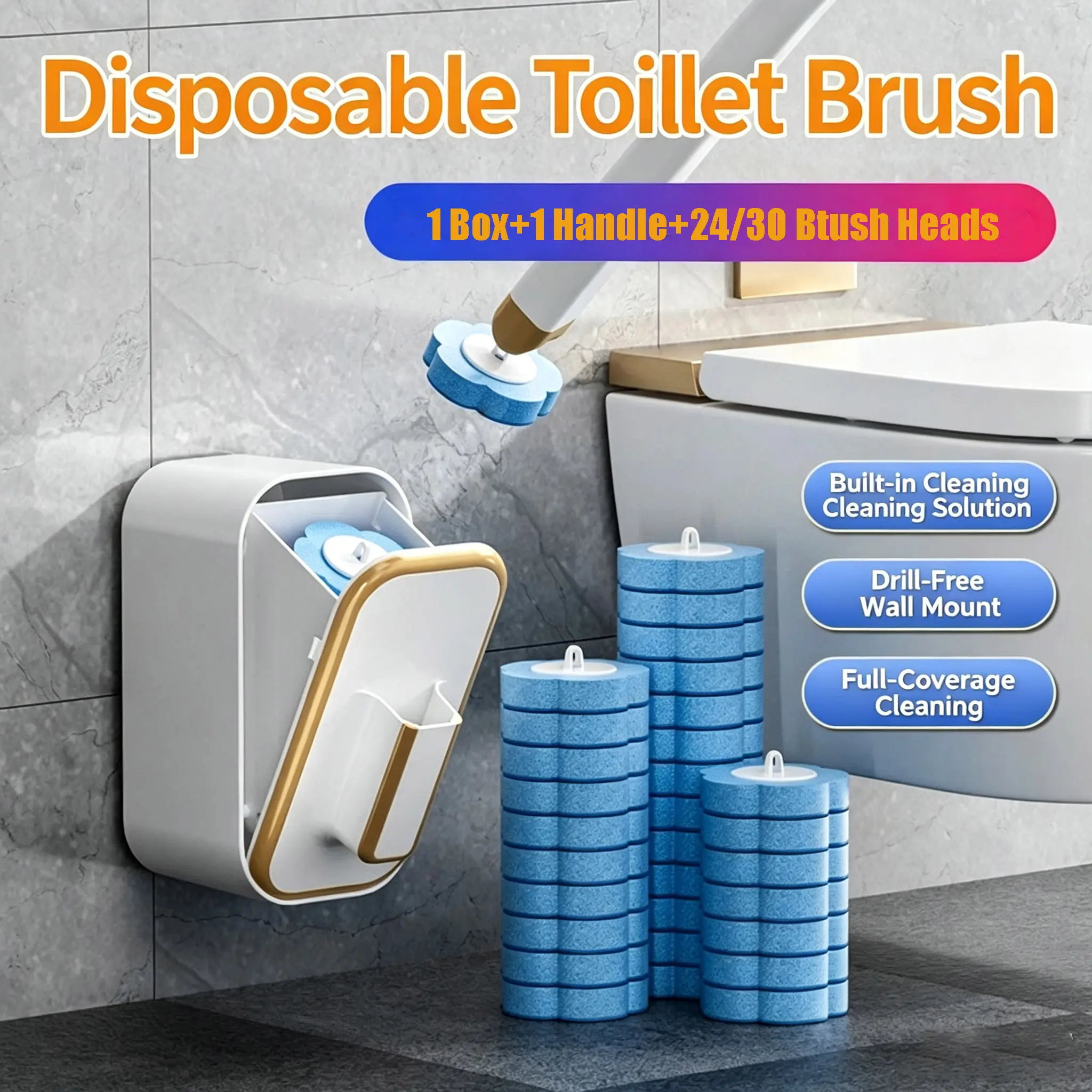 Disposable wall-mounted toilet brush cleaning set with bracket, including 24-30 disposable replacement brush heads, bathroom household cleaning tool toilet brush set household toilet cleaning artifact wall-mounted toilet replacement brush dead angle