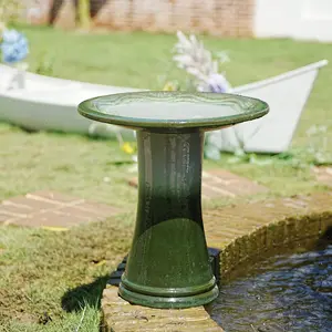 ARCH 17'' Ceramic Bird Bath for Outside, Elegant Tall Outdoor Bird Bath, Lightweight Pedestal Glazed Birdbaths for Outdoors with Swirl Pattern, Green Ombre