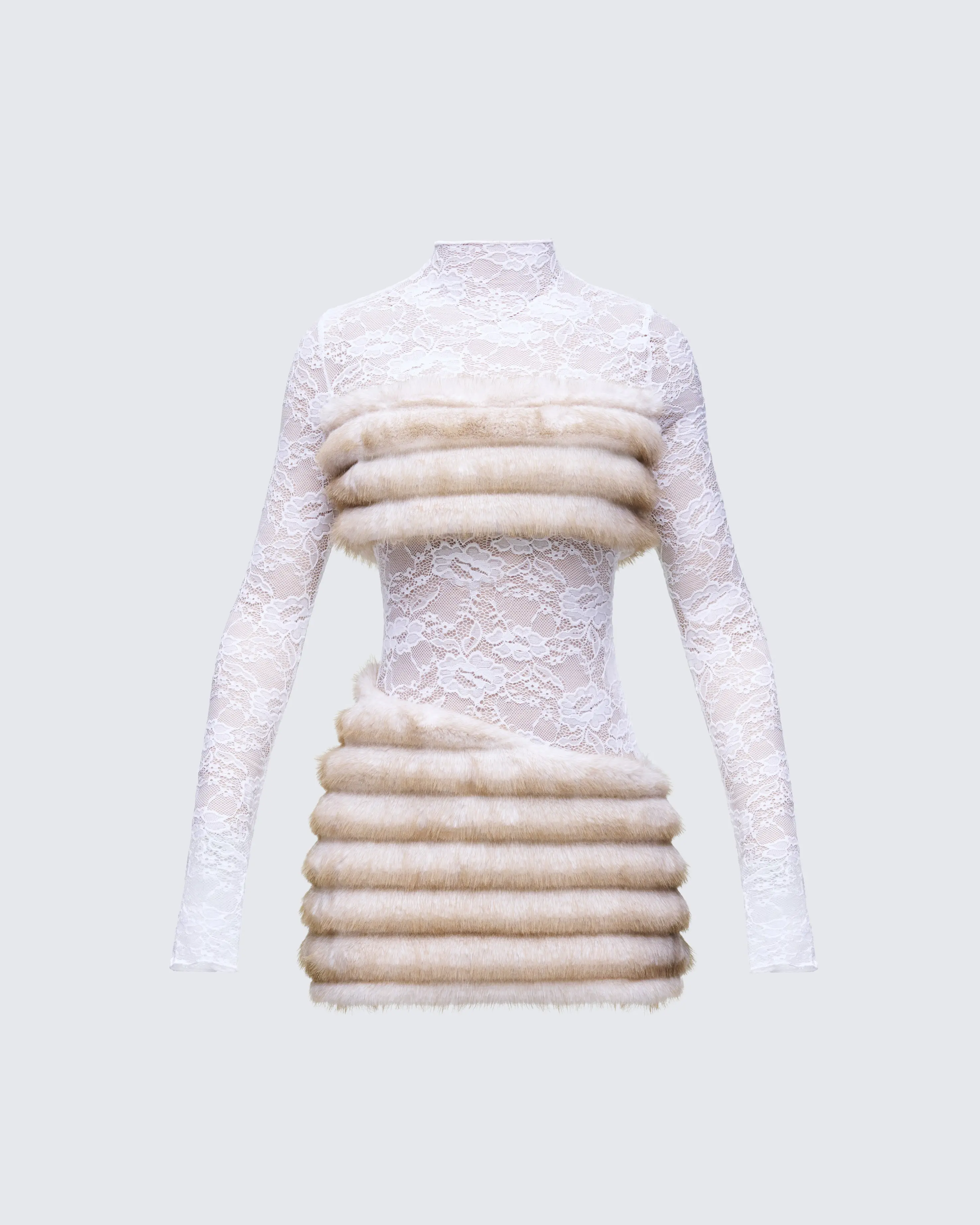 Women's Formal Dianne Cream Plush Faux Fur, Sheer Lace, Long Sleeve Spandex-Nylon Mini Dress, Fitted, Sleeves