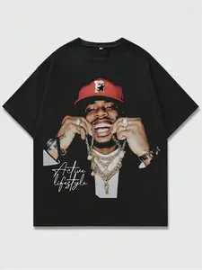 Men's Black Urban Streetwear Graphic T-Shirt with Rap Artist Portrait & Hip-Hop Design - Round Neck Short Sleeve Casual Shirt, Machine Washable, Golden Chain & Jewelry Print for Casual Attire, Concerts & Rap Events - Bold Statement Tee for Men