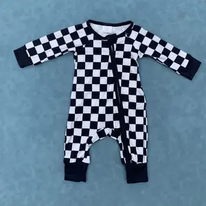 Black checkered kids baby boy long sleeve zip romper