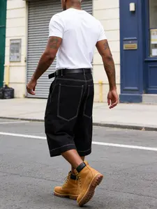 Men's Street Style Denim Seven-Point Straight-Leg Loose Fit Shorts, Large Pockets, Basic Design, Casual Summer Wear