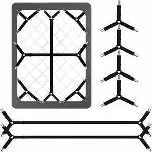 6-Piece adjustable Bed Sheet Straps with Triangle Clips - Adjustable Elastic Bands & Metal Buckles for Full to King Size Beds, Keep Sheets Tight & Wrinkle-Free,Black PP Corner Clips