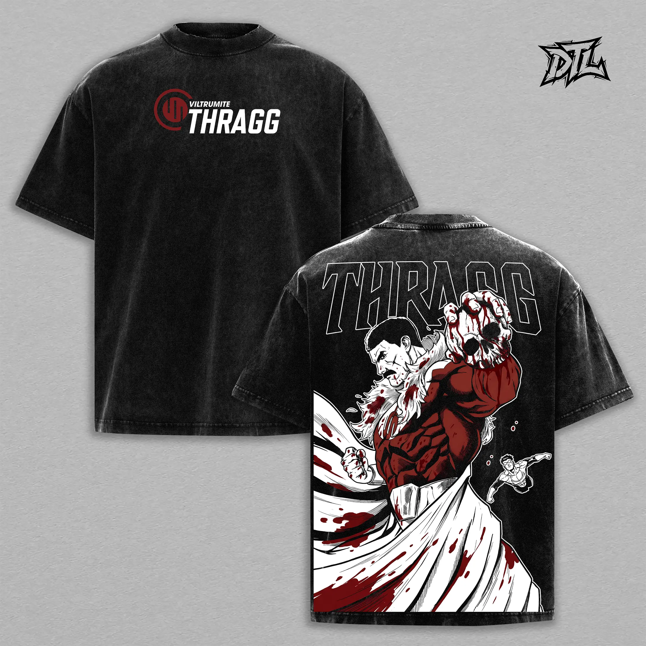 Viltrumite Thragg – Dominance Graphic Tee – Vintage Washed T-Shirt & Tank Top, Invincible Comics Graphic Vintage Tee, Heavyweight Cotton Oversized Streetwear, Unisex Anime Merch Clothing, Retro TV Show Fan Gift, Double Printed Premium Fabric Top