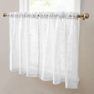 HLC.ME Linda Faux Linen Rod Pocket Cafe Tiers Set of 2 Textured Semi Sheer Polyester Voile for Kitchen Bathroom & Basement 24 36 Inch Lengths Chic Faux Linen Look Machine Washable