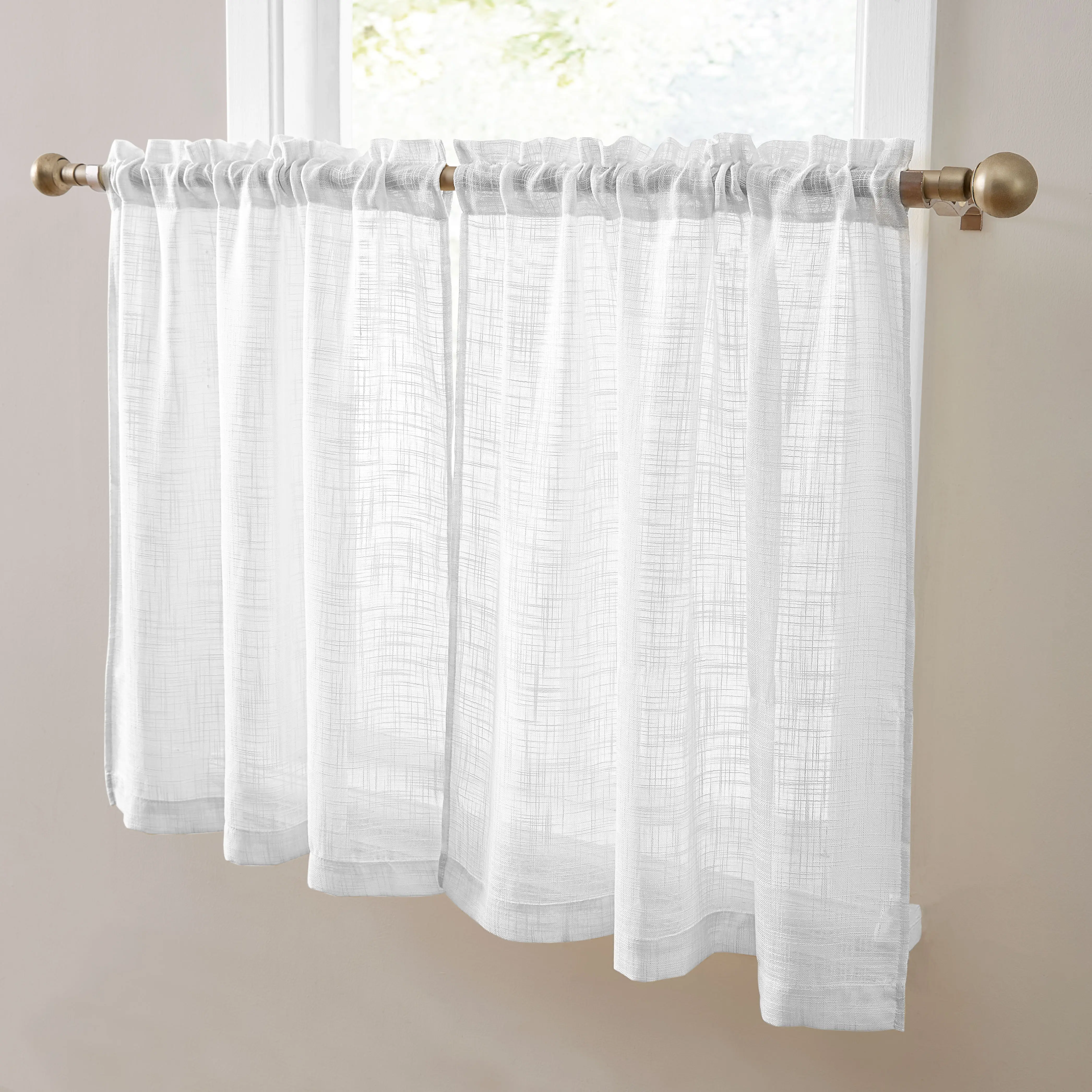 HLC.ME Linda Faux Linen Rod Pocket Cafe Tiers Set of 2 Textured Semi Sheer Polyester Voile for Kitchen Bathroom & Basement 24 36 Inch Lengths Chic Faux Linen Look Machine Washable