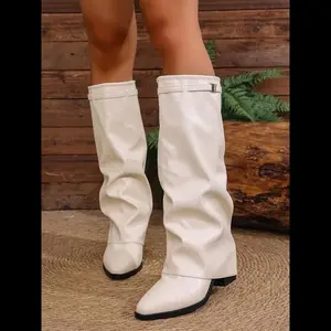 Women's Fashion High-Top Boots, Pointed Toe Thick Heel Metal Buckle Leather Knee-High Knight Boots, Soft Sole Comfortable Classic Street Style Girl Walking Shoes