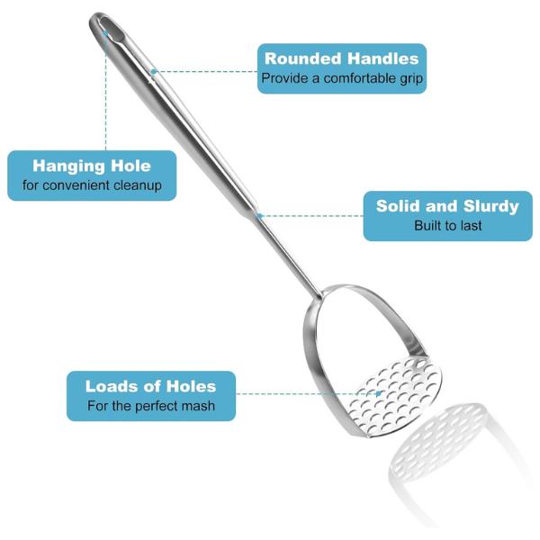 Potato Masher Stainless Steel - Mashed Potato Masher Kitchen Utensil，Potato Smasher For Potatoes, Bean, Vegetable & Fruits，Pet Food, Heavy Duty Metal Avocados Smasher Tool, Dishwasher Safe, 14 Inch