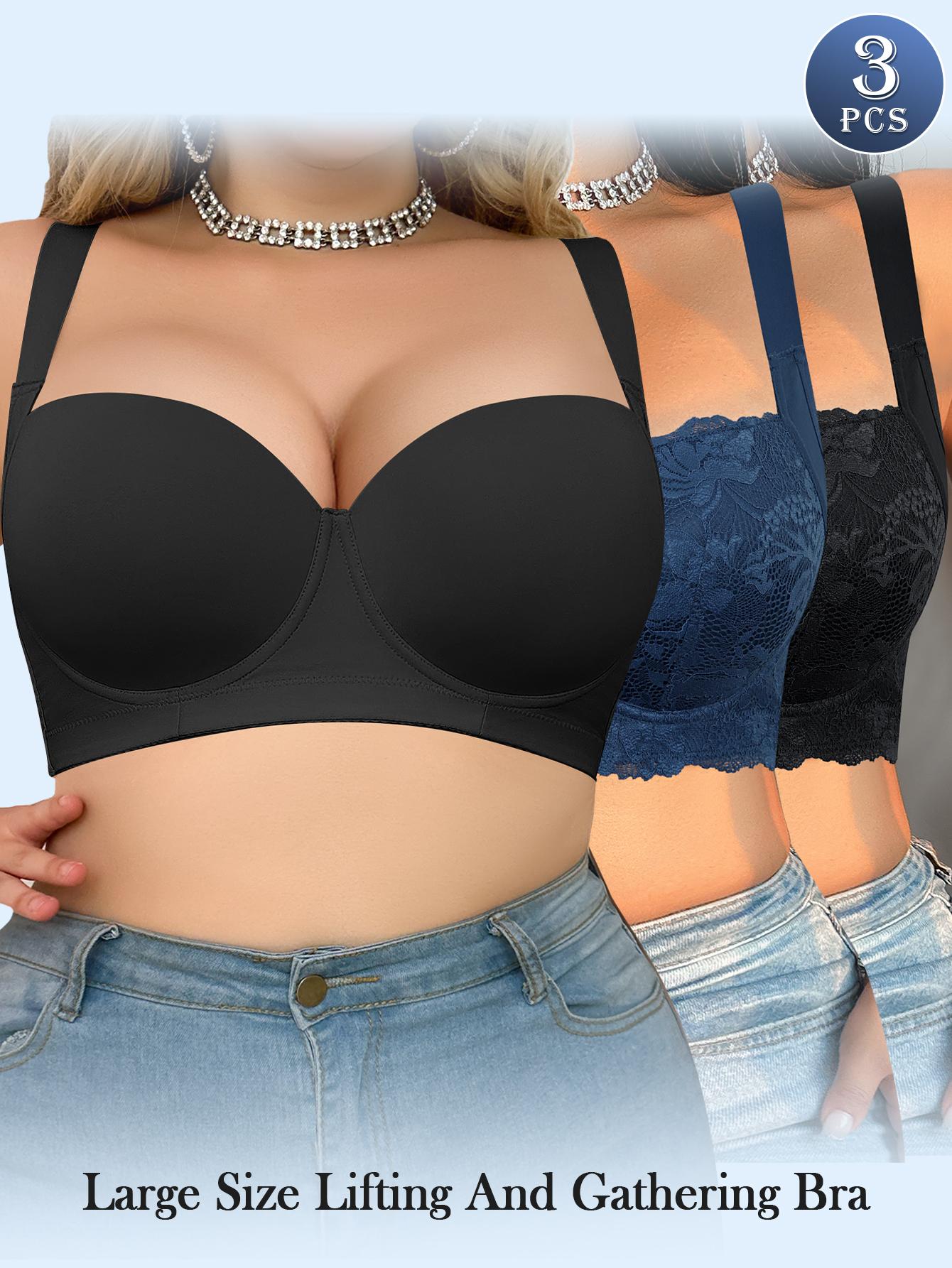 Ecomilky Women's Sexy Plus Size Lace Bra Set 3 Pieces 38C-48D Wide Straps Solid ColorSupport All Seasons Lifting And Gathering Bra Push Up full bra comfort coverage removable  cups Push-Up Seamless Plus Size Printed Bra comfortable tiktokshopblackfriday