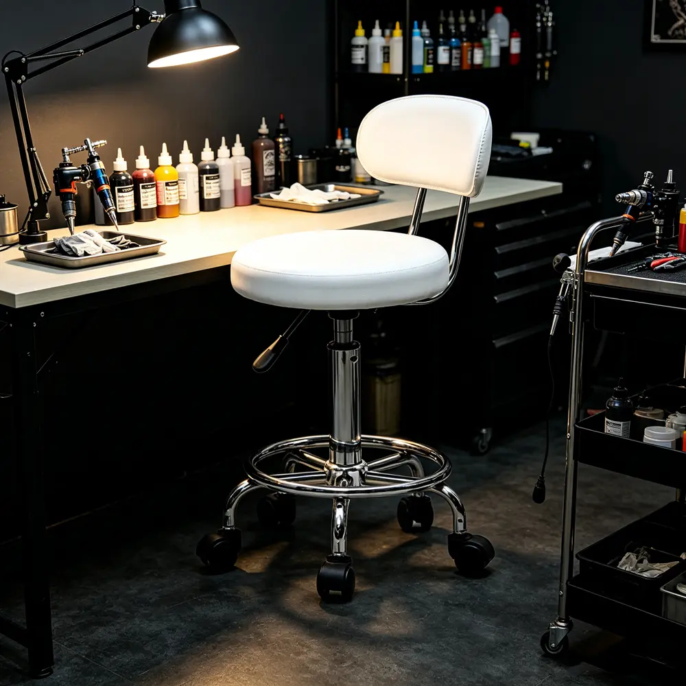 Durable Classic PU Leather Office Salon Stool - Round Seat, Sponge Cushioned, Height-Adjustable, Swivel, Rolling Wheel, White-Lined, Soft, Backrest-Equipped for Barbershop Beauty Spa, Height Adjust
