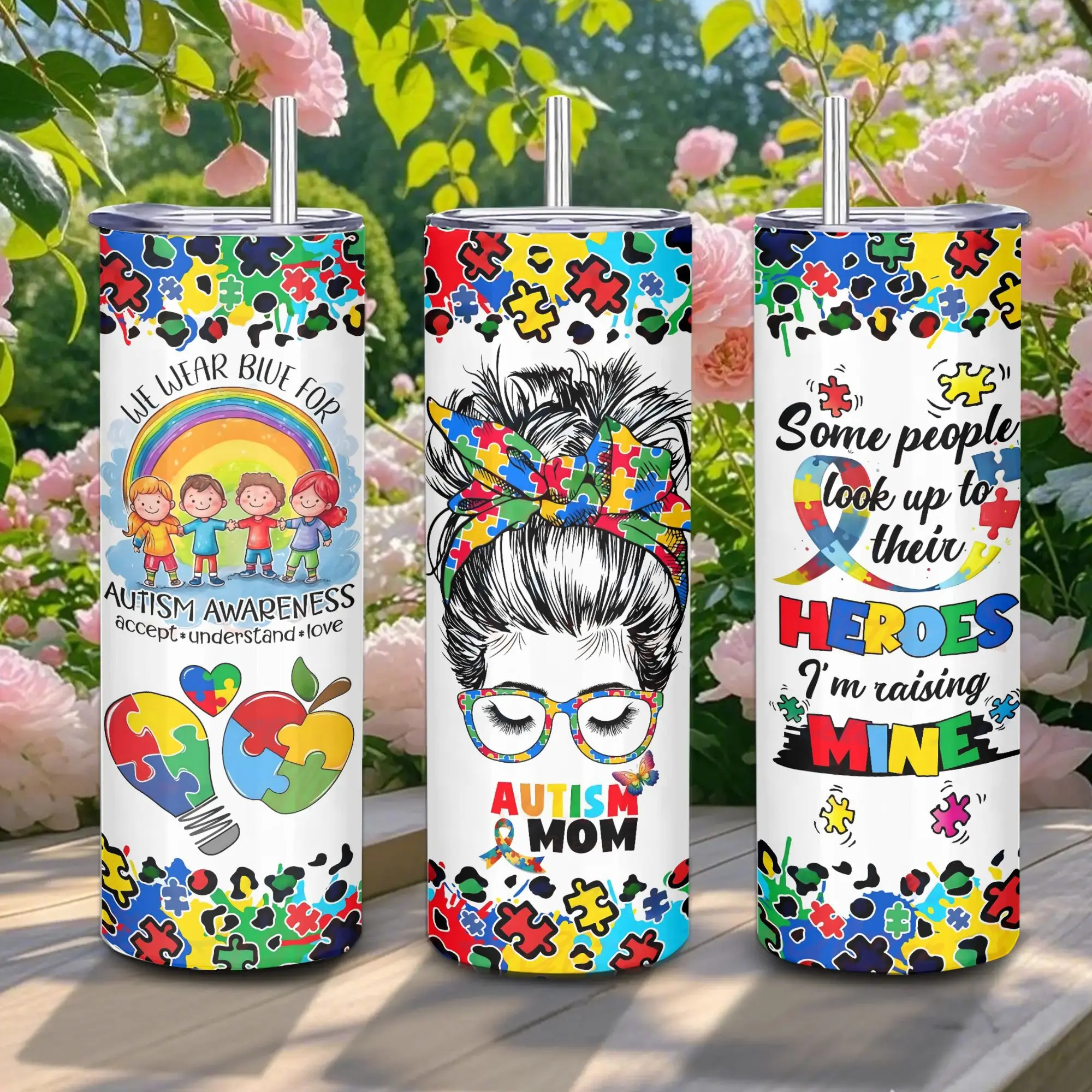 20oz Stainless Steel Tumbler, 1 Count Autism Mom Pattern Insulated Water Bottle, Stainless Steel Thermos, Stainless Steel Flask, Drinking Cup for Home Office School, Boyfriend Gift, Drinkware, Summer Cool Bottle