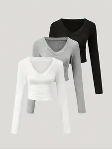 Women's 3-Pack Solid Color V-Neck Long Sleeve Slim-Fit Crop Tops, Casual Daily Wear for Autumn & Winter Seasons
