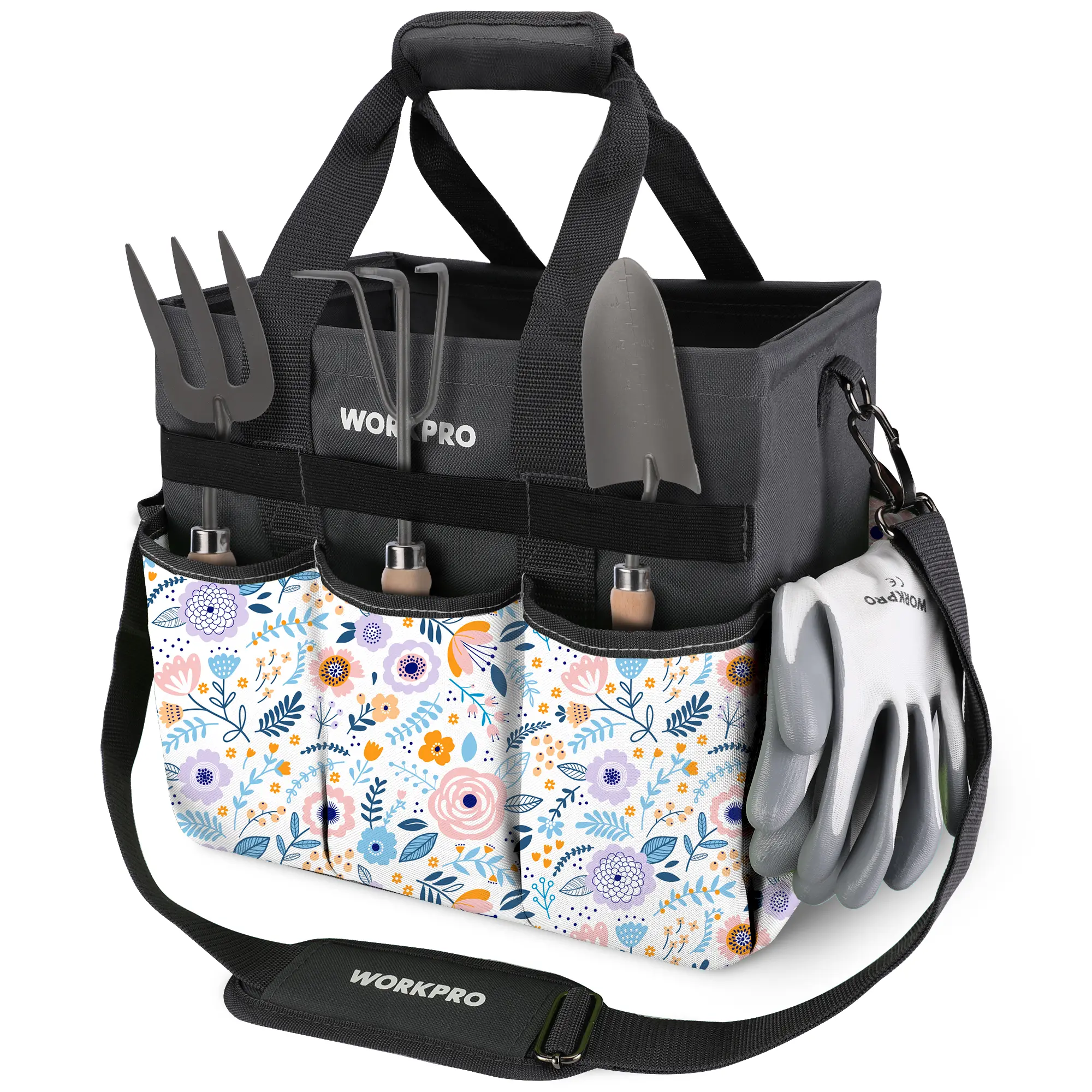 WORKPRO Garden Tool Bag, 10 Pockets and Shoulder Strap, Floral White | Heavy Duty Gardening Organizer Tote Bag Standable Garden Home Tool Kits Organizer (Tools are not Included)