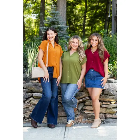 Women's Collared Woven Polyester Fabric Top - Button Detail Blouses & Shirts, Accent Buttons Blouses & Shirts, Fall/Winter Colors, Casual Wear, XS-3X Fit