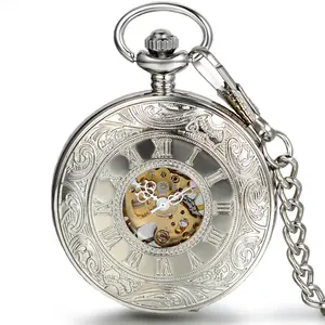OIDEA Classic Vintage Roman Numeral Engraved Flip Cover See-Through Back Manual Wind Mechanical Pocket Watch Silver