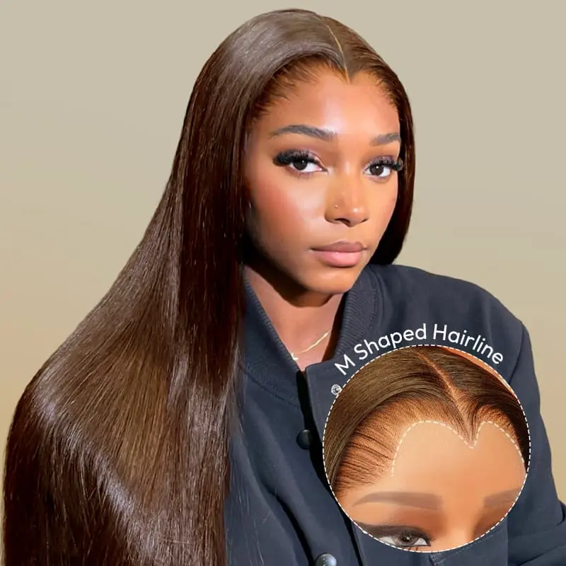 [HOT Widow's Peak M Hairline] West Kiss Glueless M Hairline Dark Brown Straight 13x6 Lace Front Wigs With Drawstring Ready To Wear Pre Plucked Hair