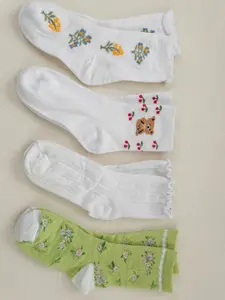 4 Pairs Mixed Pack Mesh Socks for Women, Mid-Calf Spring Summer Thin Cherry Bear Trimmed Socks, Comfortable and Stylish Footwear